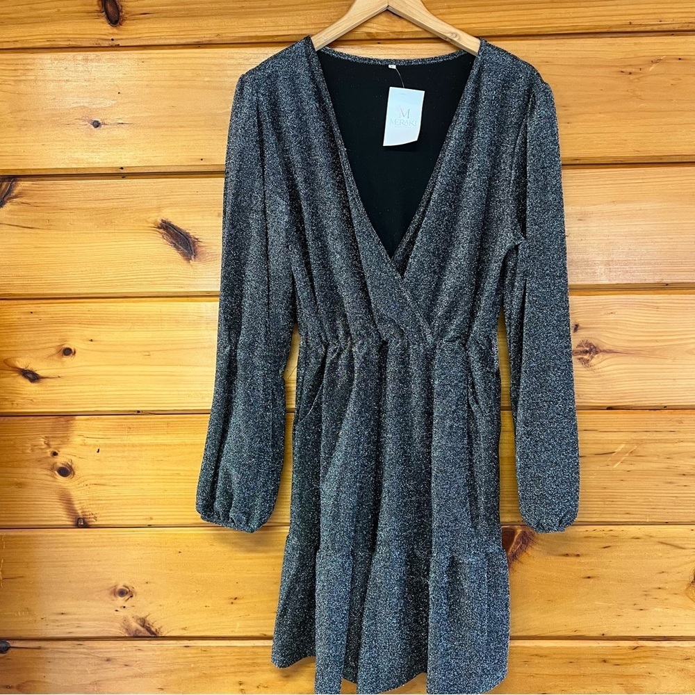 Meraki Silver Shimmering V-Neck Long Sleeve  Midi Ruffle Hem W Pockets XL
